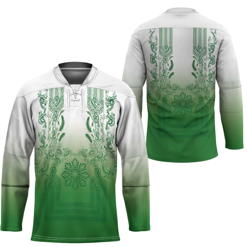 Philippines Barong Style Hockey Jersey with Polynesian Art and Leaf Motif Green Color
