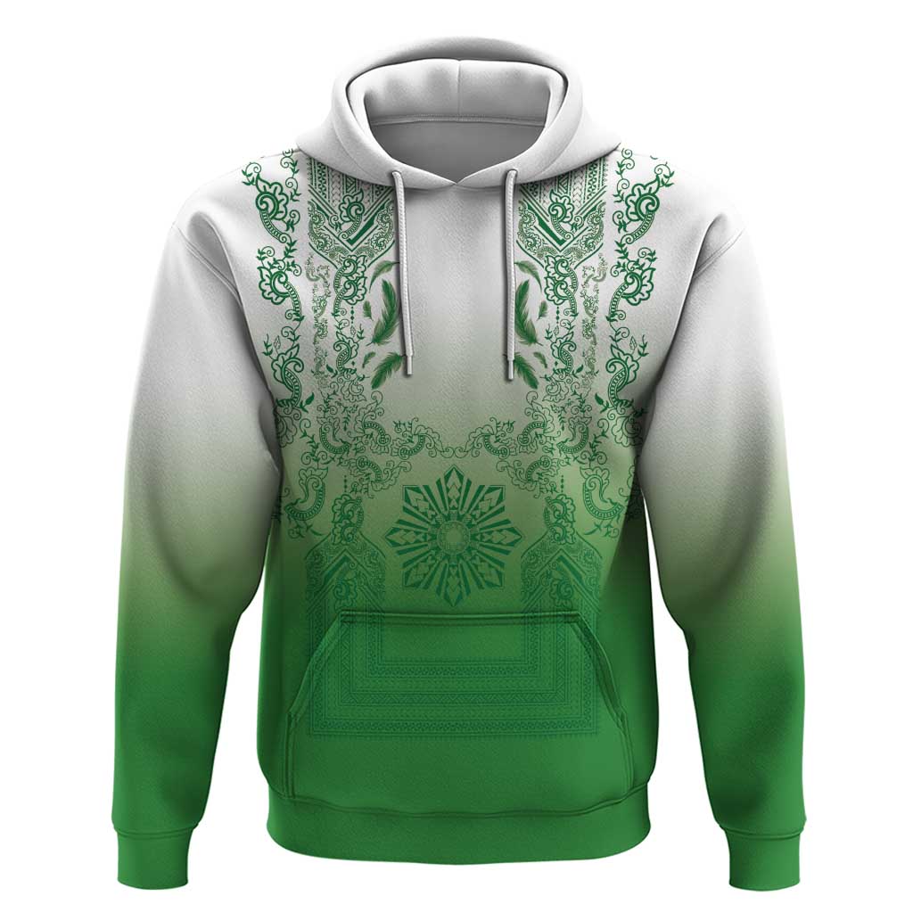 Philippines Barong Style Hoodie with Polynesian Art and Leaf Motif Green Color