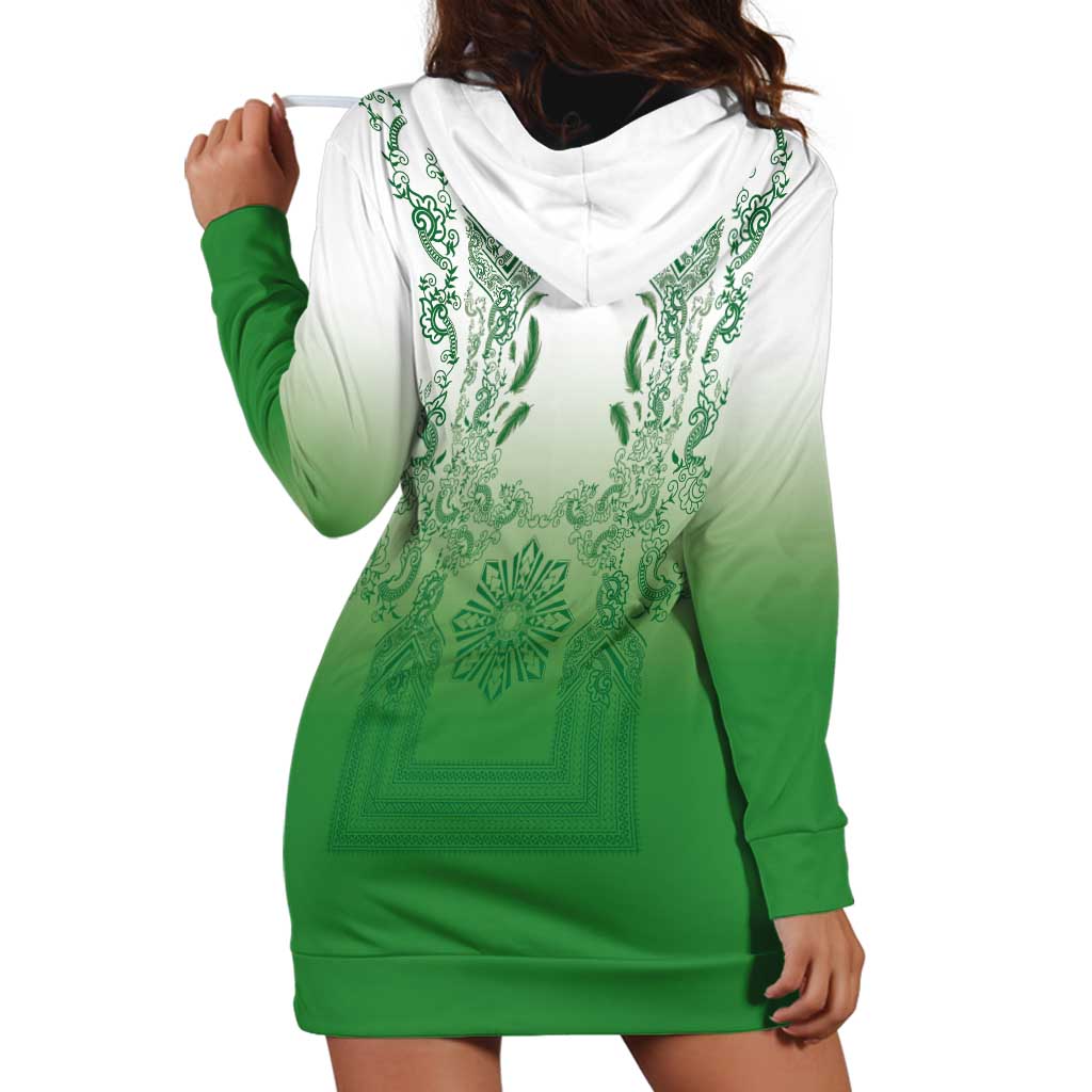 Philippines Barong Style Hoodie Dress with Polynesian Art and Leaf Motif Green Color