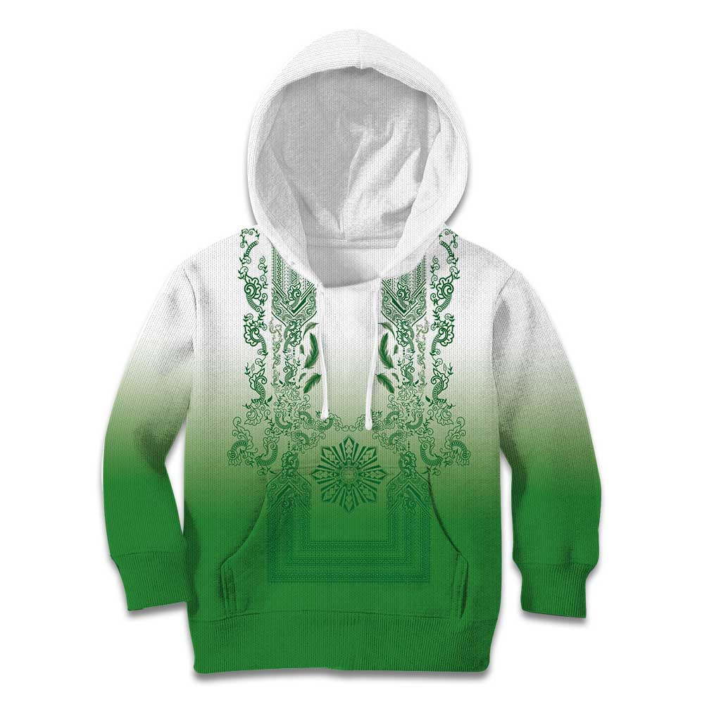 Philippines Barong Style Kid Hoodie with Polynesian Art and Leaf Motif Green Color