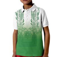 Philippines Barong Style Kid Polo Shirt with Polynesian Art and Leaf Motif Green Color
