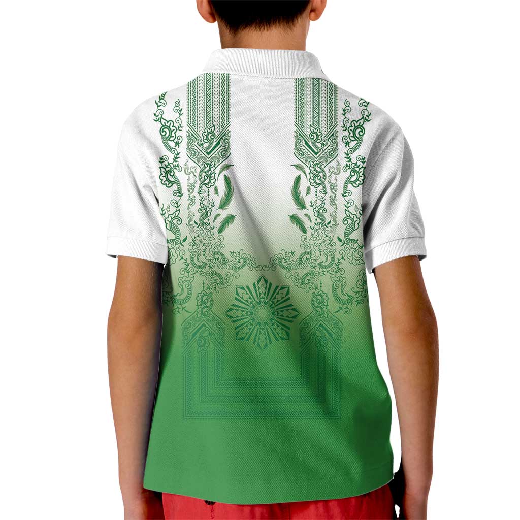 Philippines Barong Style Kid Polo Shirt with Polynesian Art and Leaf Motif Green Color