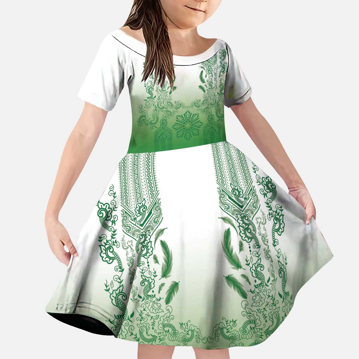 Philippines Barong Style Kid Short Sleeve Dress with Polynesian Art and Leaf Motif Green Color