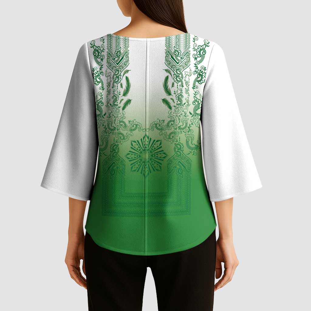 Philippines Barong Style Kimono Sleeve Blouse with Polynesian Art and Leaf Motif Green Color