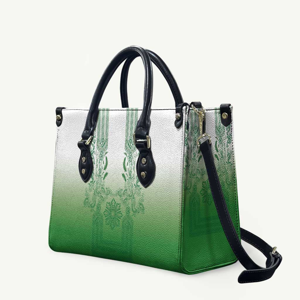 Philippines Barong Style Leather Bag with Polynesian Art and Leaf Motif Green Color