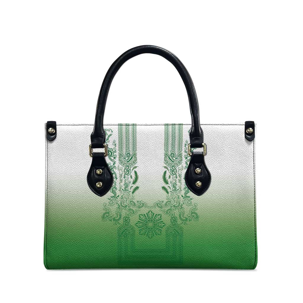 Philippines Barong Style Leather Bag with Polynesian Art and Leaf Motif Green Color