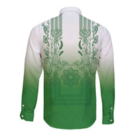 Philippines Barong Style Long Sleeve Button Shirt with Polynesian Art and Leaf Motif Green Color