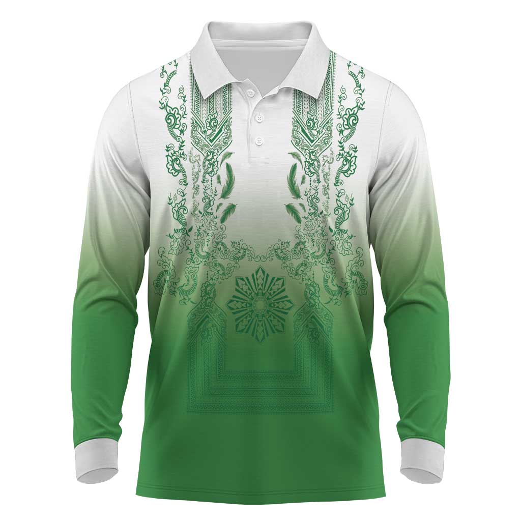 Philippines Barong Style Long Sleeve Polo Shirt with Polynesian Art and Leaf Motif Green Color