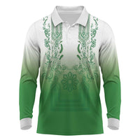 Philippines Barong Style Long Sleeve Polo Shirt with Polynesian Art and Leaf Motif Green Color