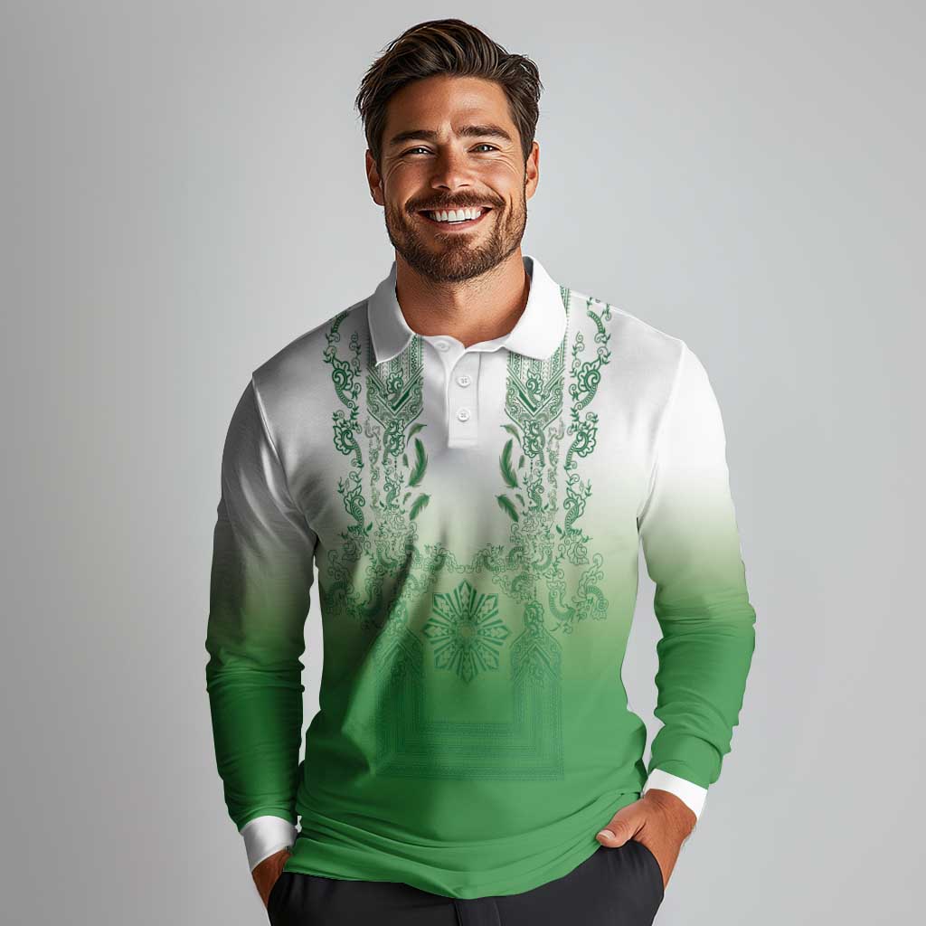 Philippines Barong Style Long Sleeve Polo Shirt with Polynesian Art and Leaf Motif Green Color