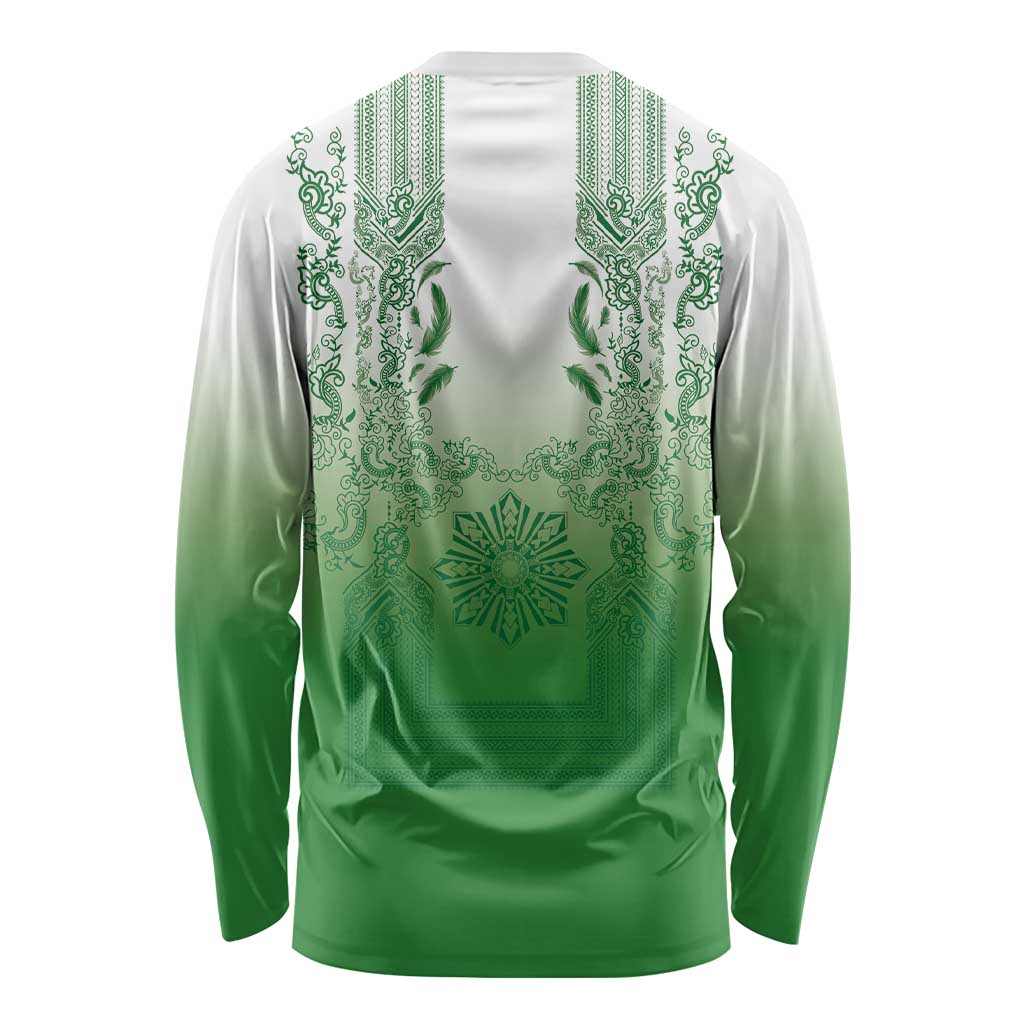 Philippines Barong Style Long Sleeve Shirt with Polynesian Art and Leaf Motif Green Color