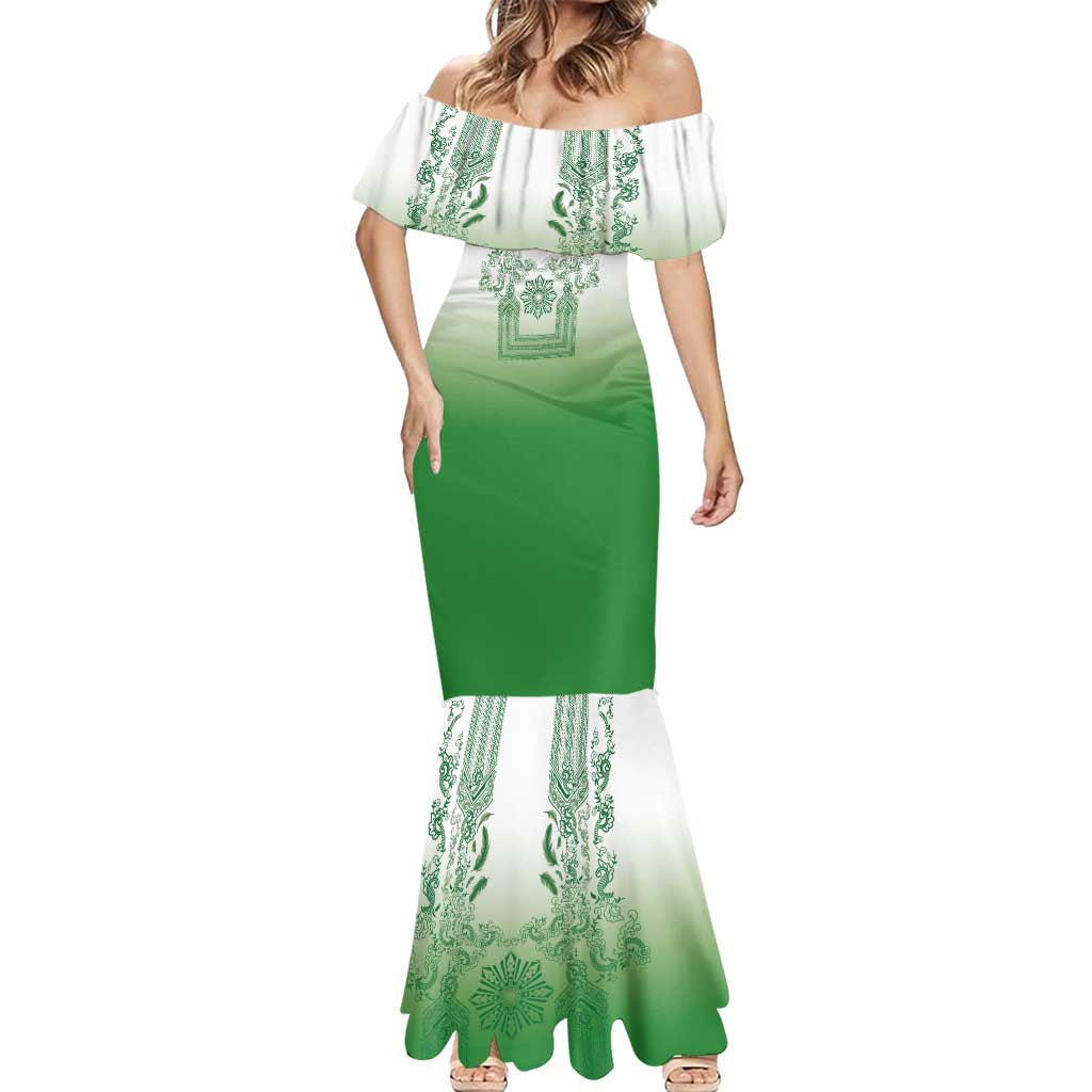 Philippines Barong Style Mermaid Dress with Polynesian Art and Leaf Motif Green Color