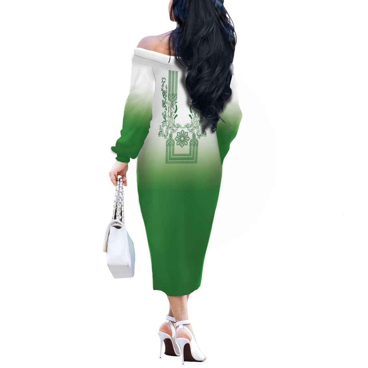 Philippines Barong Style Off The Shoulder Long Sleeve Dress with Polynesian Art and Leaf Motif Green Color