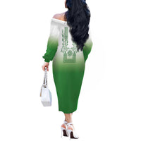 Philippines Barong Style Off The Shoulder Long Sleeve Dress with Polynesian Art and Leaf Motif Green Color