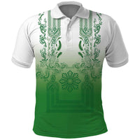 Philippines Barong Style Polo Shirt with Polynesian Art and Leaf Motif Green Color