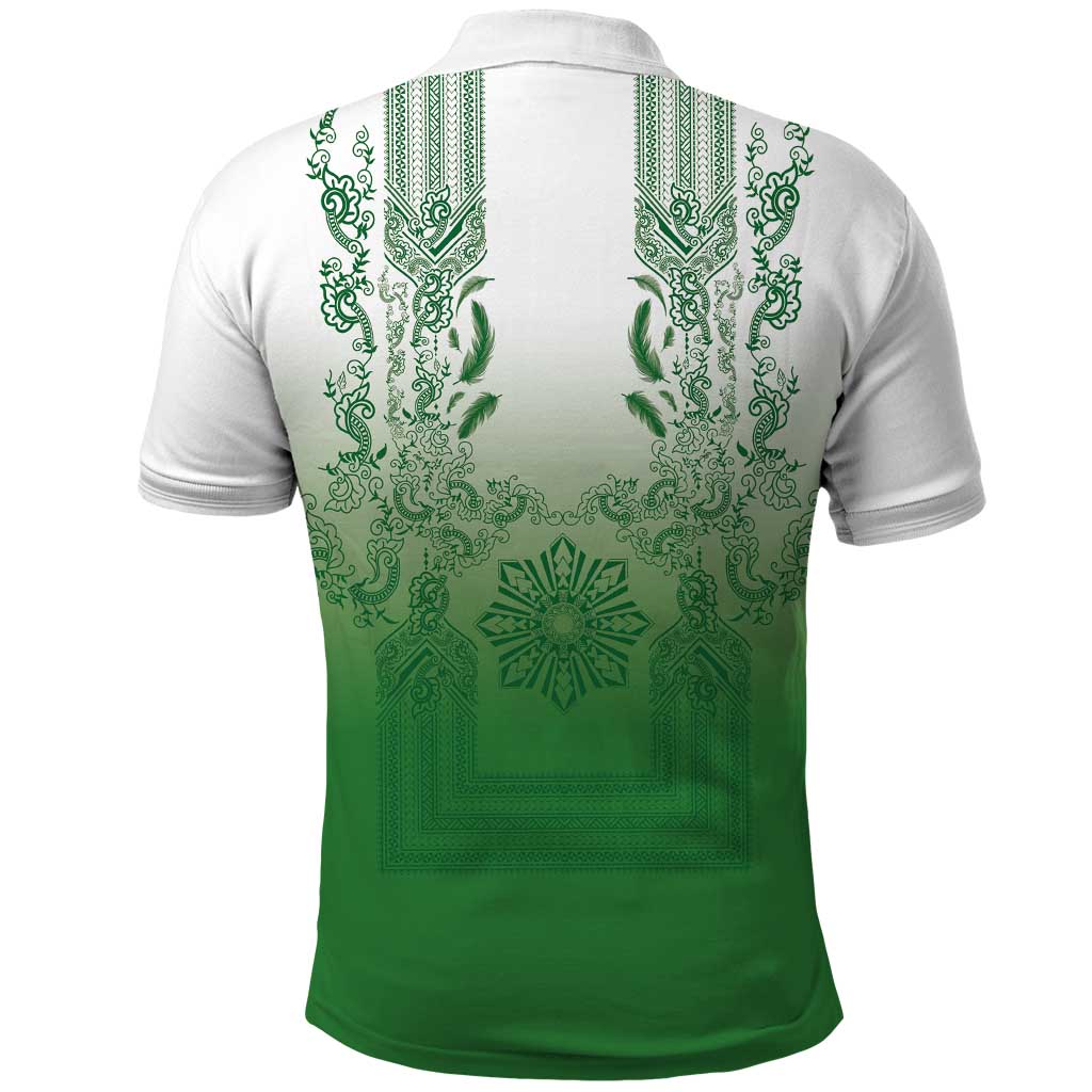 Philippines Barong Style Polo Shirt with Polynesian Art and Leaf Motif Green Color