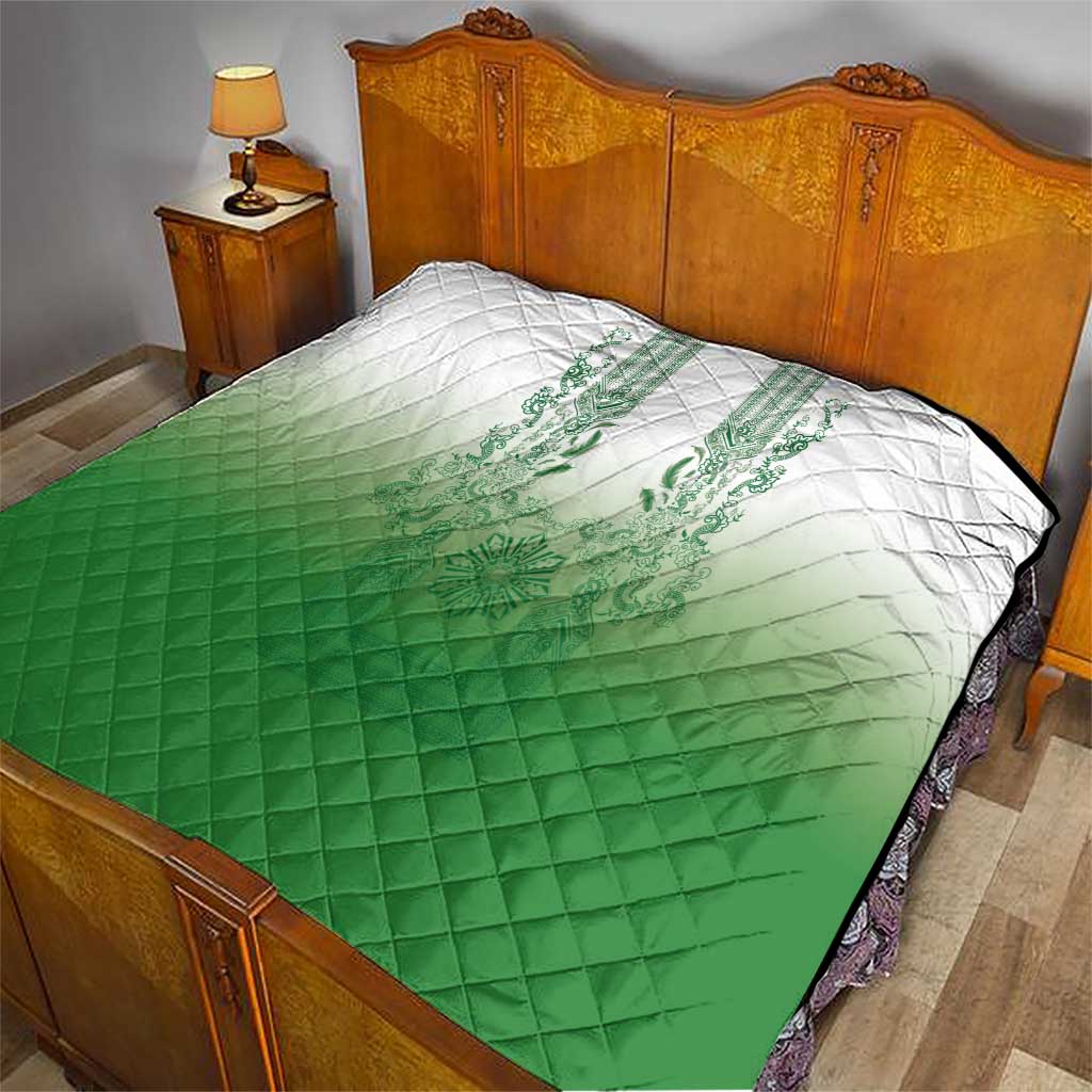 Philippines Barong Style Quilt with Polynesian Art and Leaf Motif Green Color