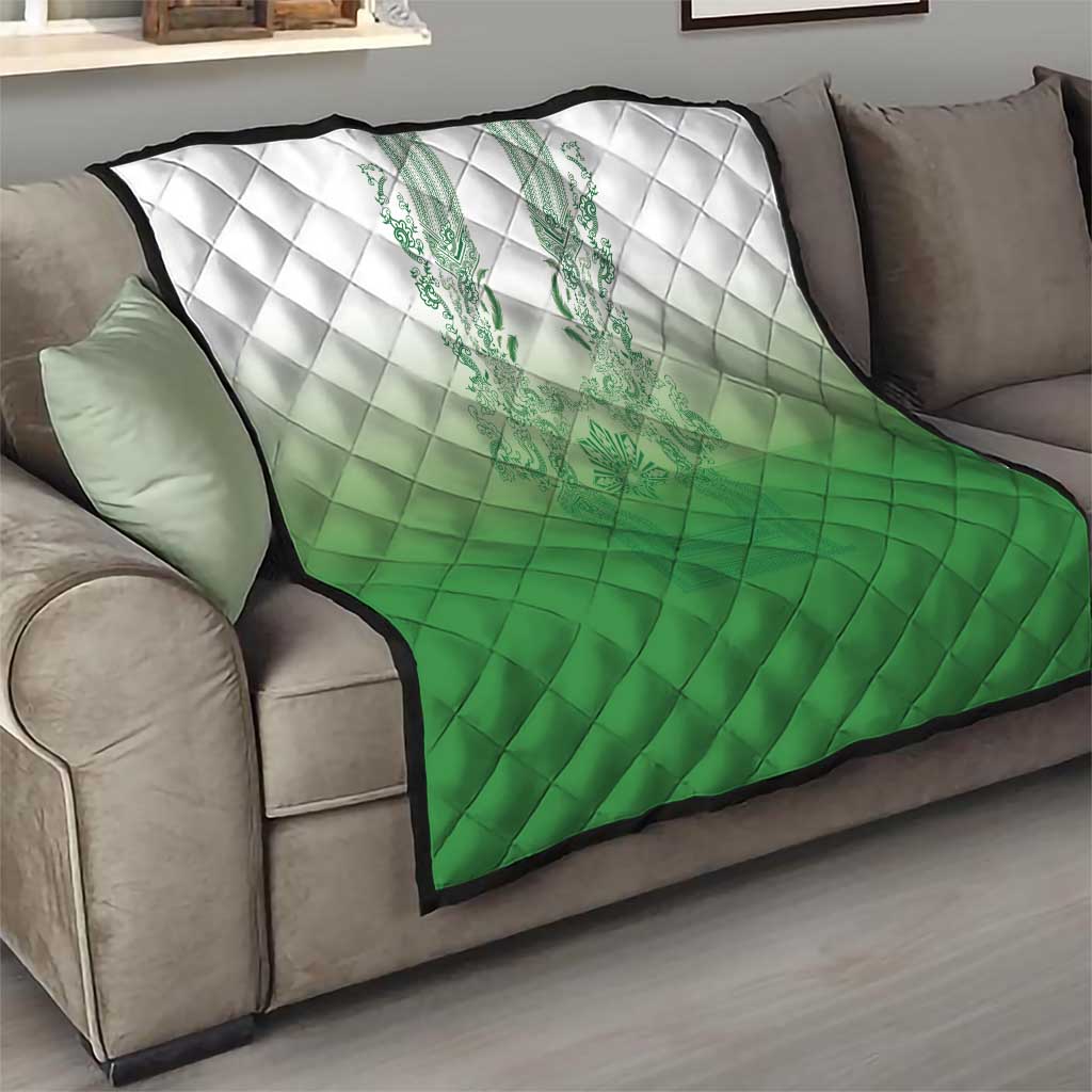 Philippines Barong Style Quilt with Polynesian Art and Leaf Motif Green Color