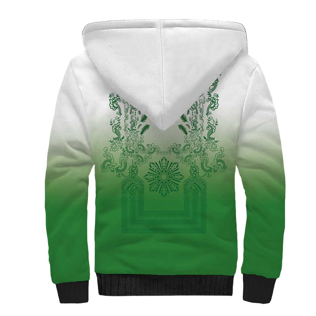 Philippines Barong Style Sherpa Hoodie with Polynesian Art and Leaf Motif Green Color