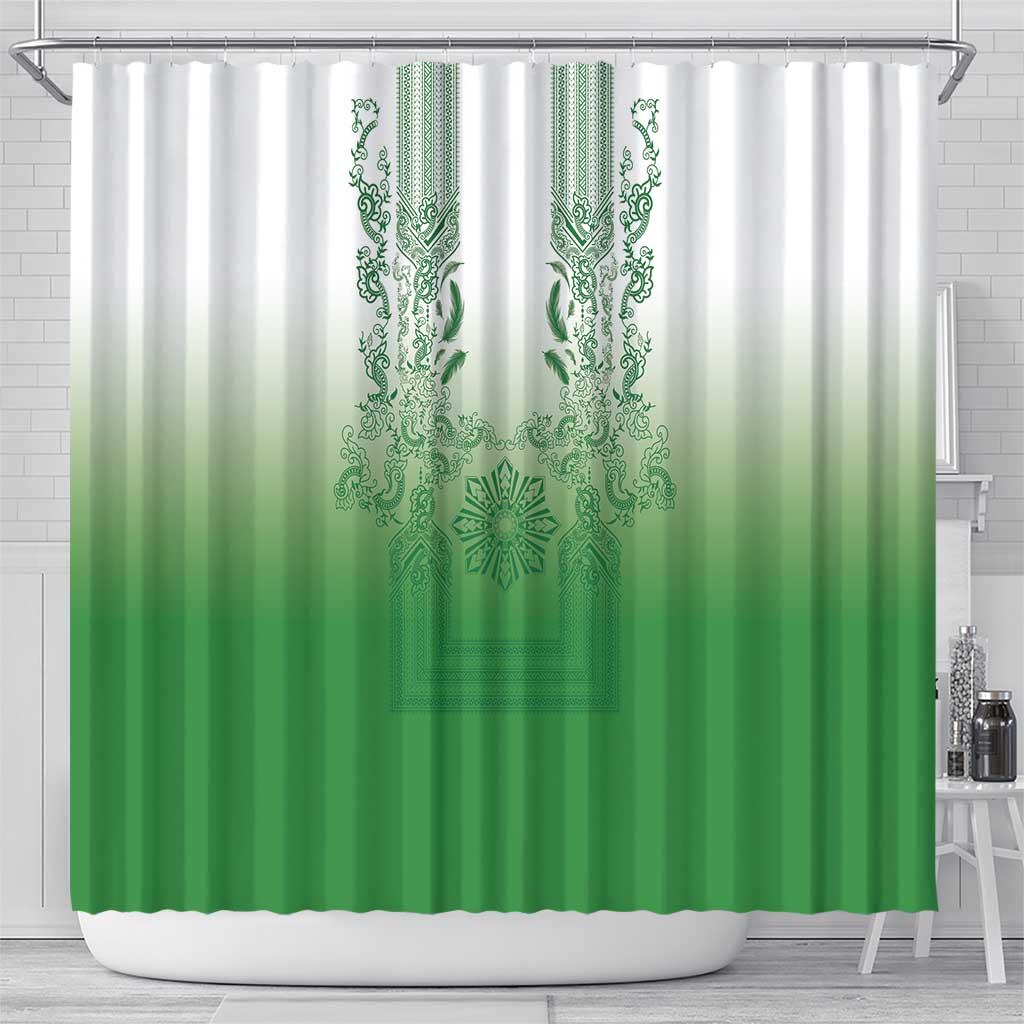 Philippines Barong Style Shower Curtain with Polynesian Art and Leaf Motif Green Color