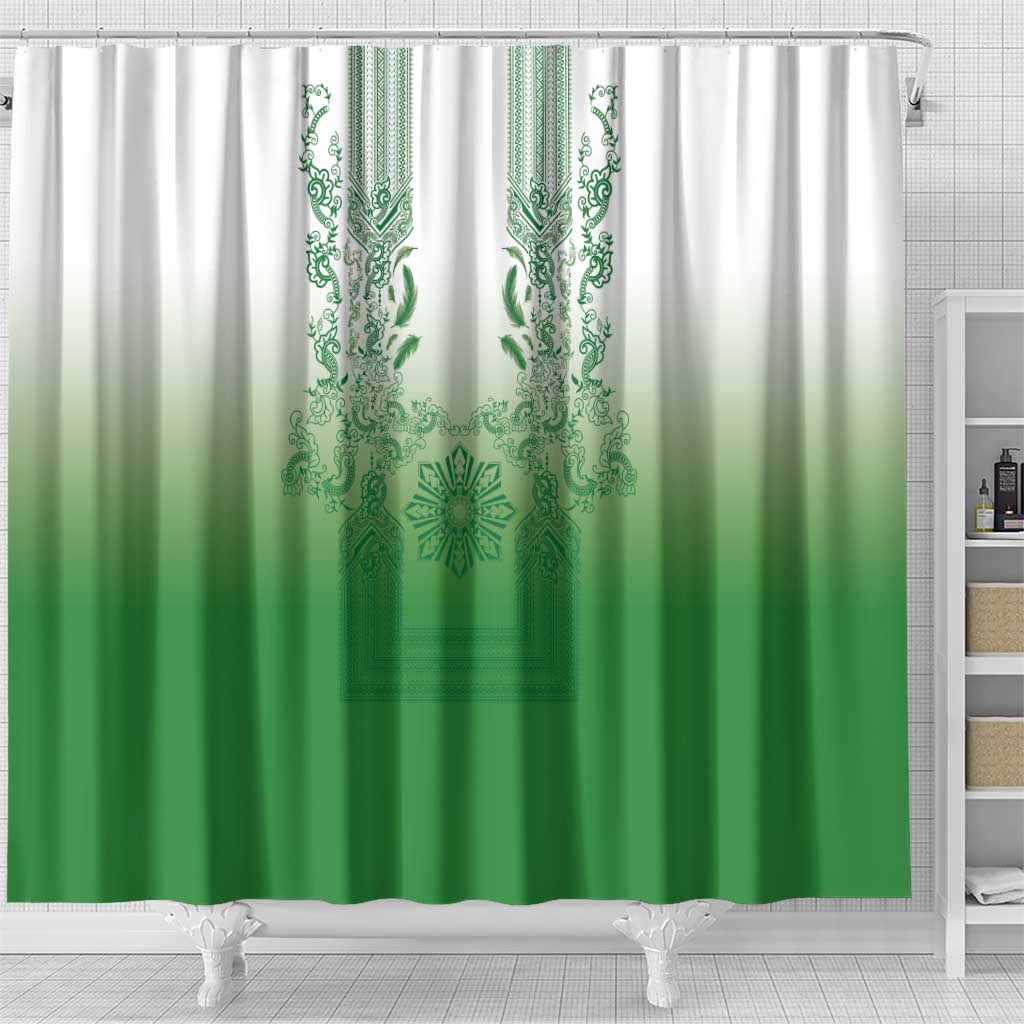 Philippines Barong Style Shower Curtain with Polynesian Art and Leaf Motif Green Color