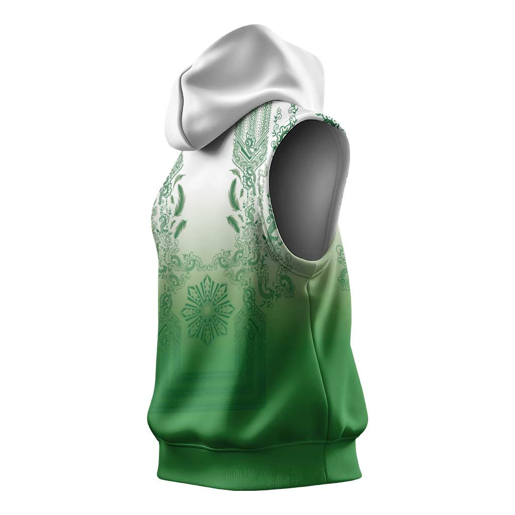 Philippines Barong Style Sleeveless Hoodie with Polynesian Art and Leaf Motif Green Color