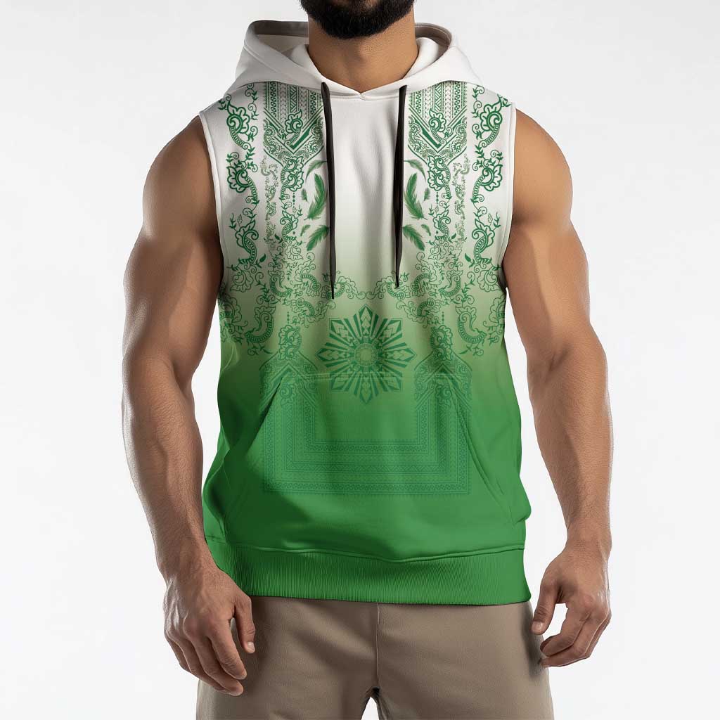 Philippines Barong Style Sleeveless Hoodie with Polynesian Art and Leaf Motif Green Color