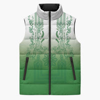 Philippines Barong Style Sleeveless Puffer Jacket with Polynesian Art and Leaf Motif Green Color