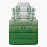 Philippines Barong Style Sleeveless Puffer Jacket with Polynesian Art and Leaf Motif Green Color