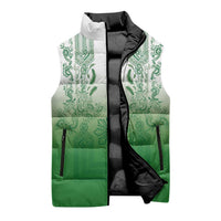 Philippines Barong Style Sleeveless Puffer Jacket with Polynesian Art and Leaf Motif Green Color