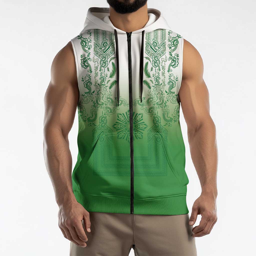 Philippines Barong Style Sleeveless Zip Hoodie with Polynesian Art and Leaf Motif Green Color