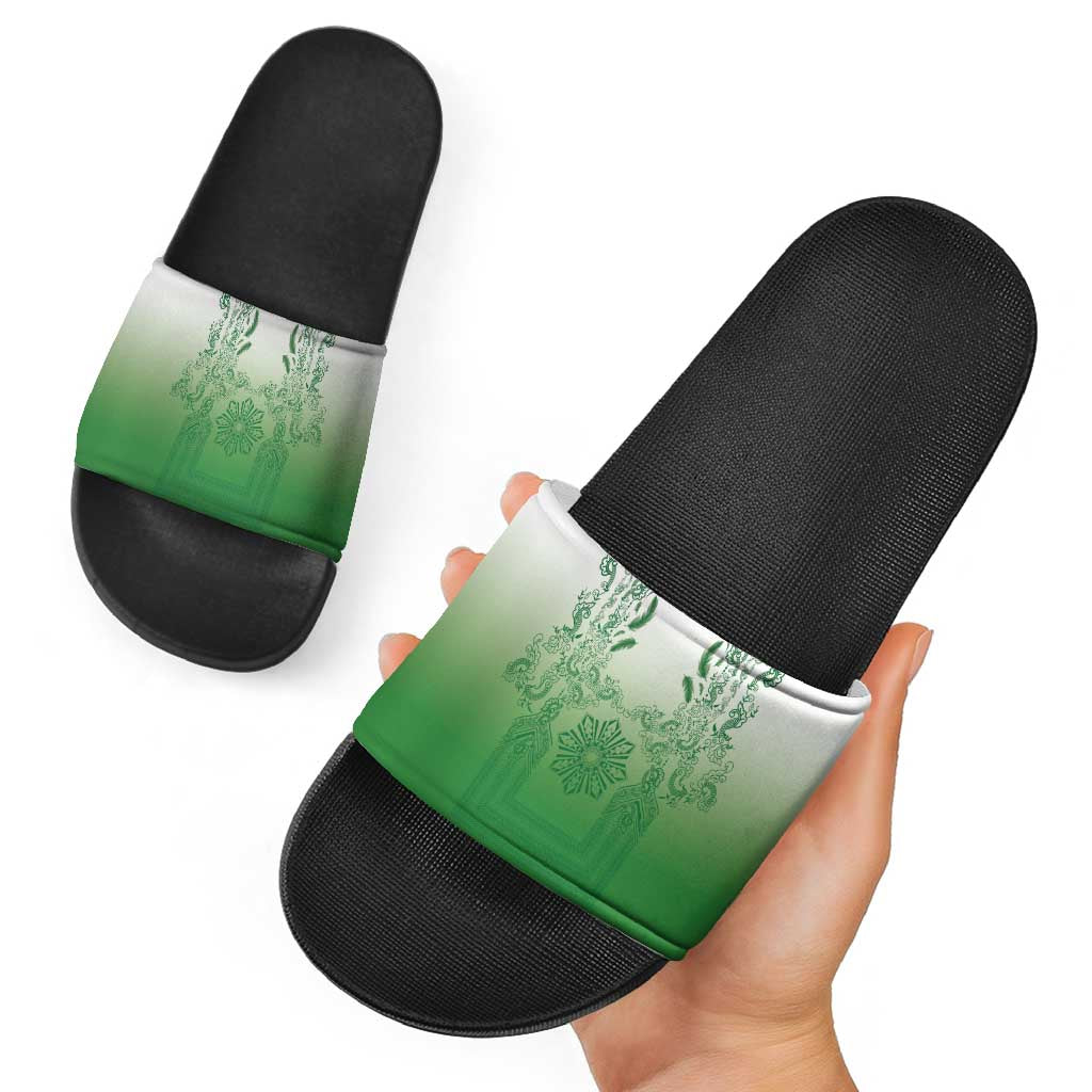 Philippines Barong Style Slide Sandals with Polynesian Art and Leaf Motif Green Color