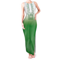 Philippines Barong Style Tank Maxi Dress with Polynesian Art and Leaf Motif Green Color
