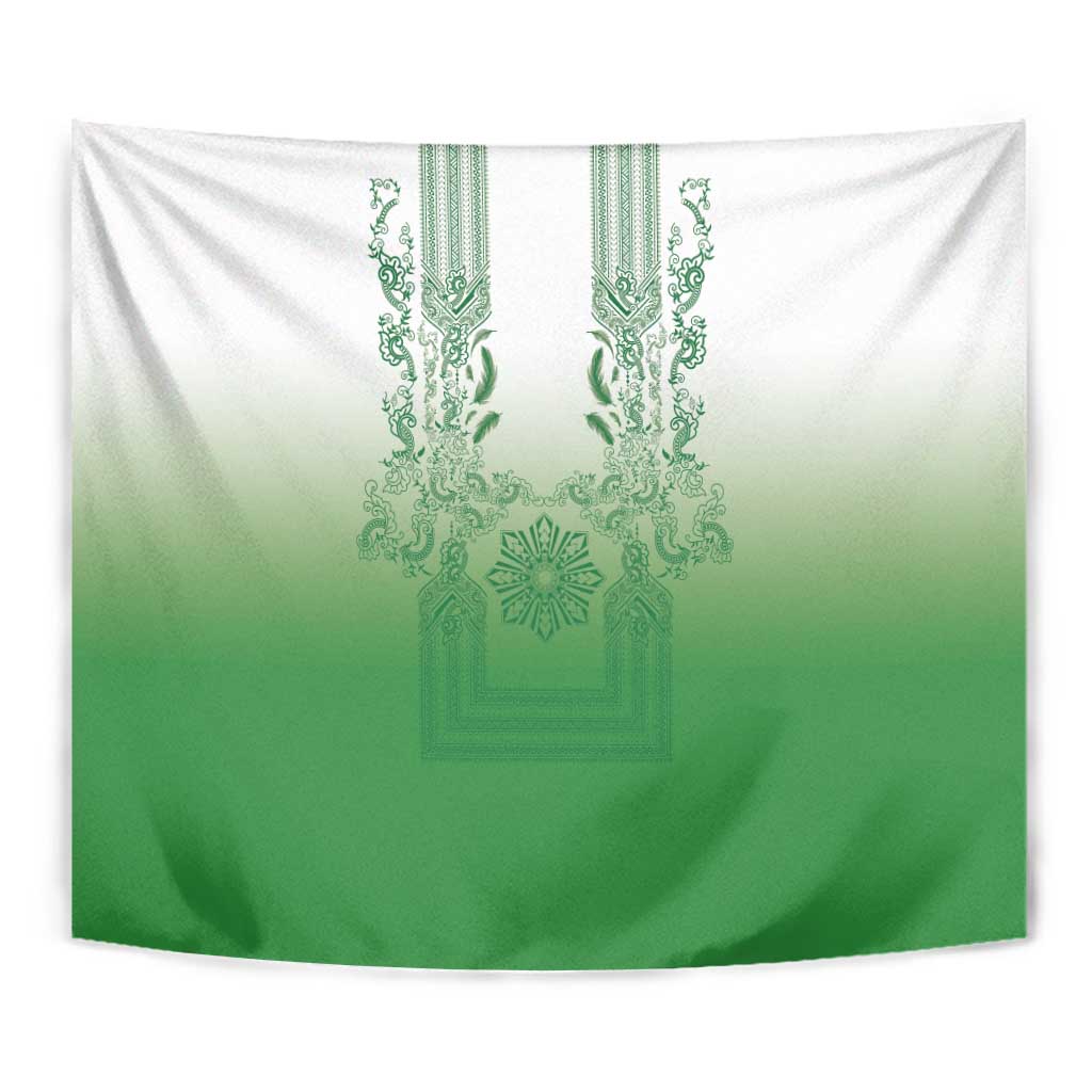 Philippines Barong Style Tapestry with Polynesian Art and Leaf Motif Green Color