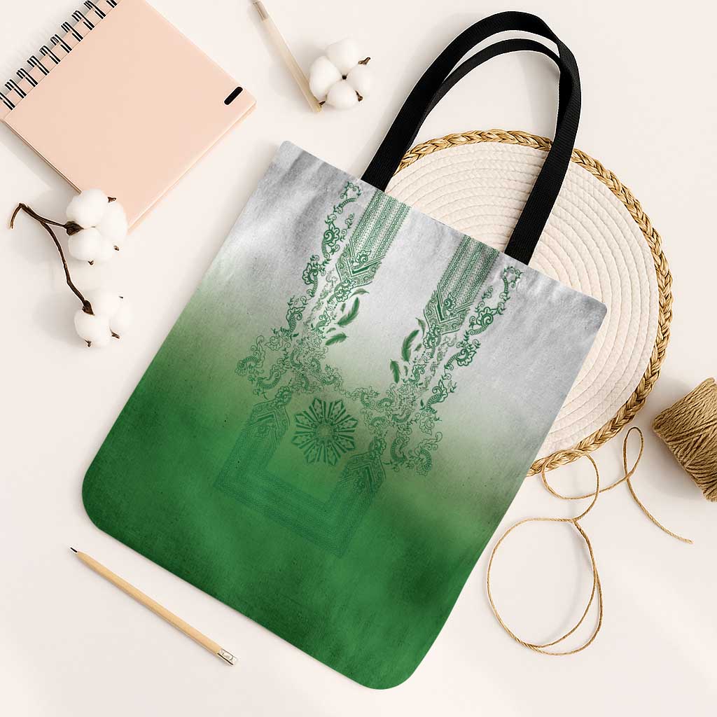 Philippines Barong Style Tote Bag with Polynesian Art and Leaf Motif Green Color