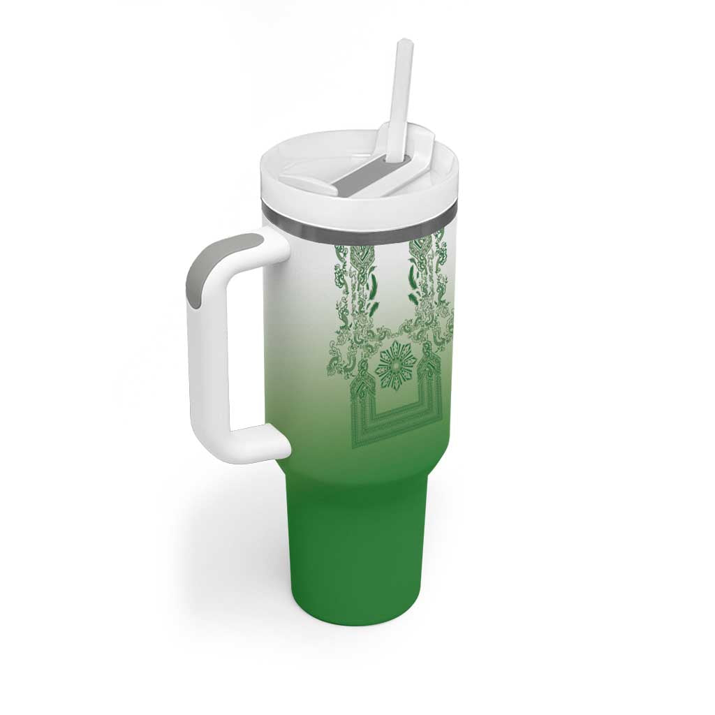Philippines Barong Style Tumbler With Handle with Polynesian Art and Leaf Motif Green Color