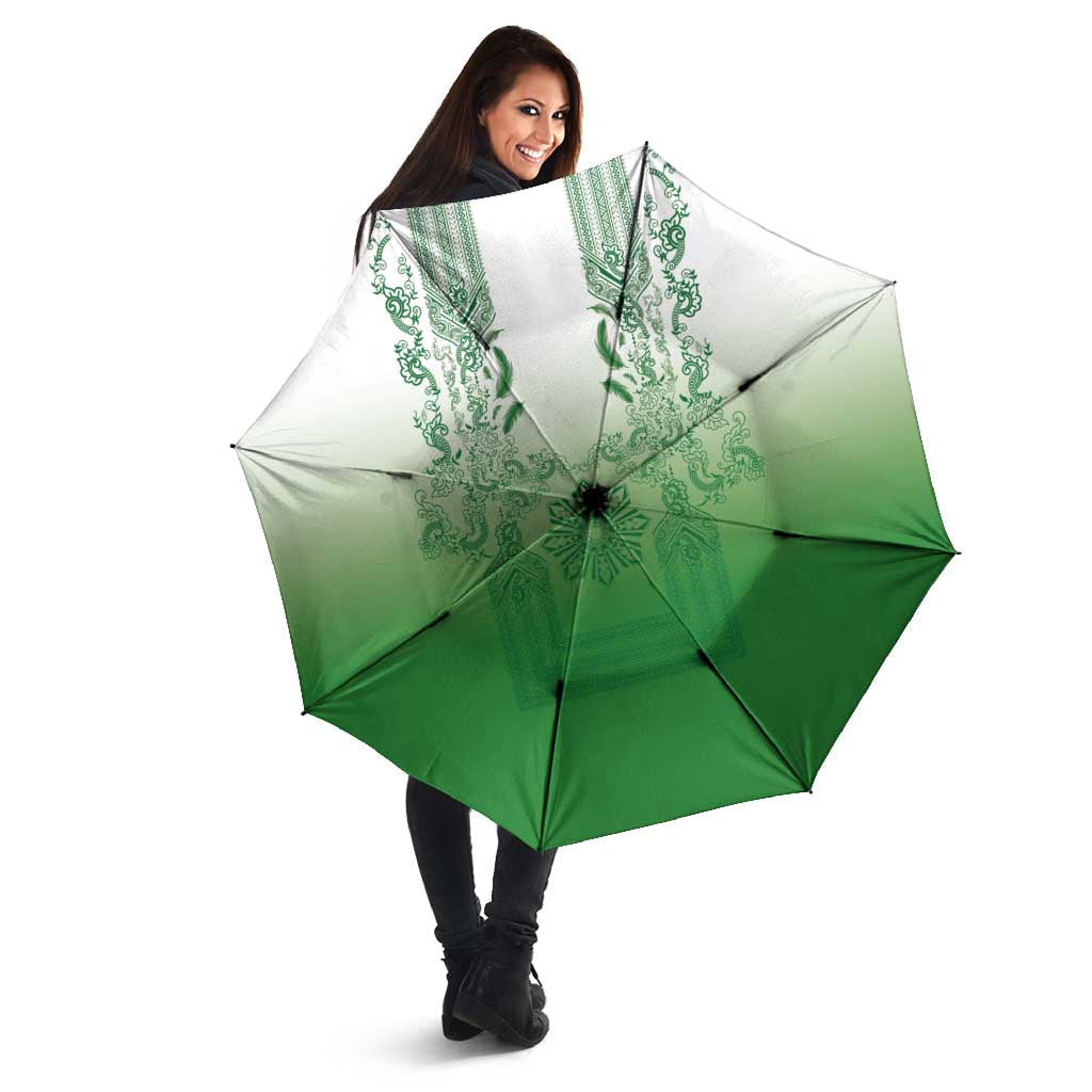 Philippines Barong Style Umbrella with Polynesian Art and Leaf Motif Green Color