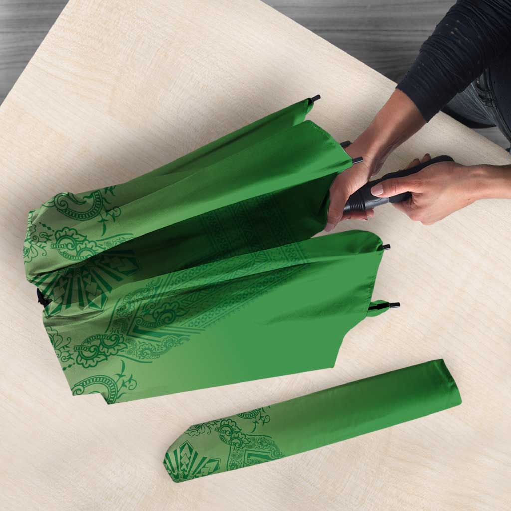 Philippines Barong Style Umbrella with Polynesian Art and Leaf Motif Green Color