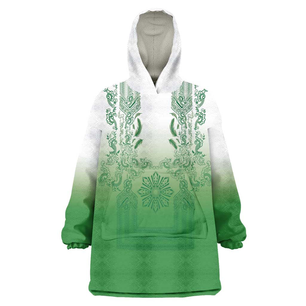 Philippines Barong Style Wearable Blanket Hoodie with Polynesian Art and Leaf Motif Green Color