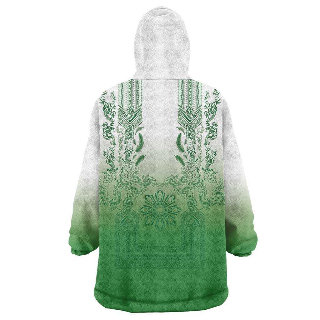 Philippines Barong Style Wearable Blanket Hoodie with Polynesian Art and Leaf Motif Green Color