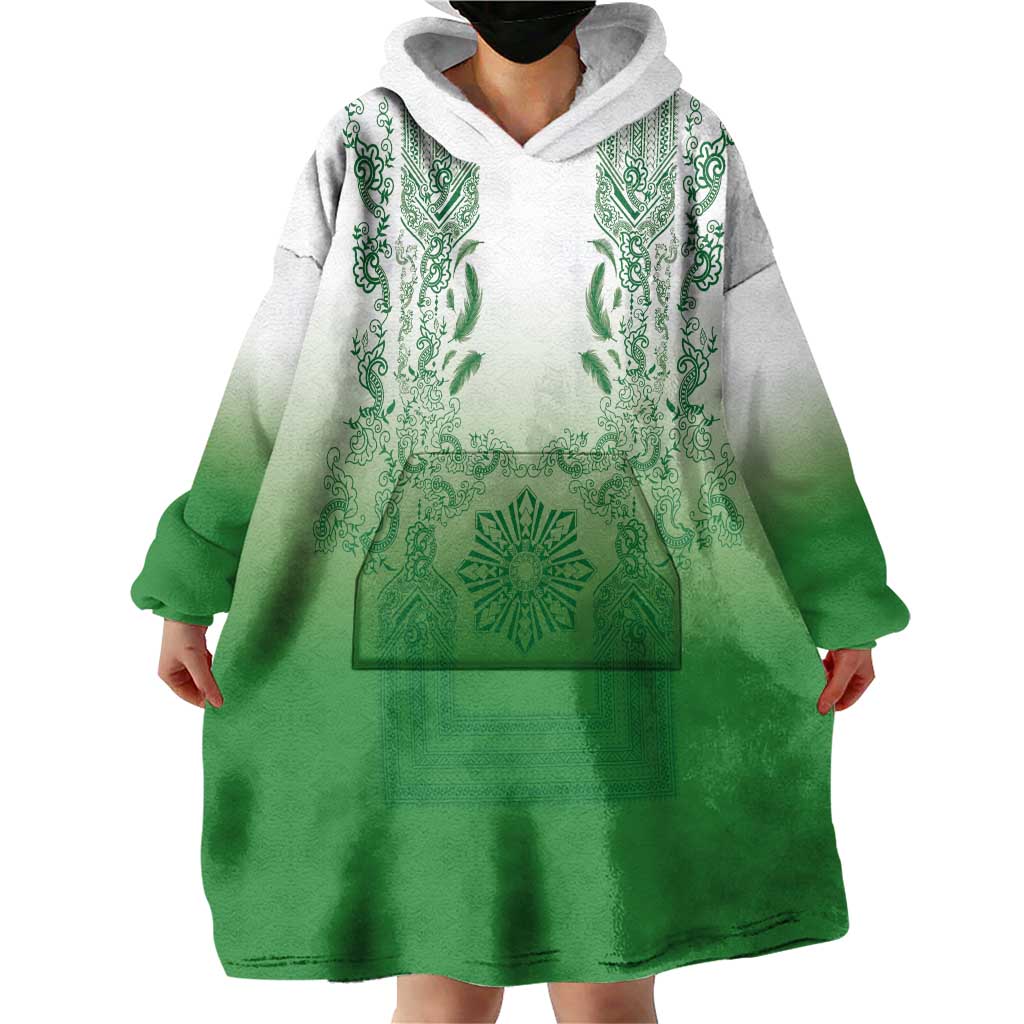 Philippines Barong Style Wearable Blanket Hoodie with Polynesian Art and Leaf Motif Green Color