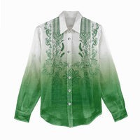 Philippines Barong Style Women Casual Shirt with Polynesian Art and Leaf Motif Green Color