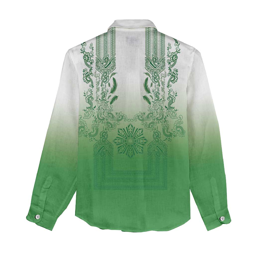 Philippines Barong Style Women Casual Shirt with Polynesian Art and Leaf Motif Green Color