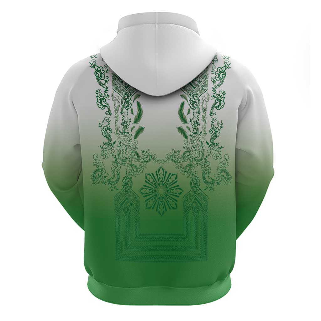 Philippines Barong Style Zip Hoodie with Polynesian Art and Leaf Motif Green Color