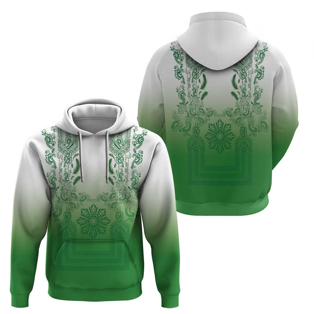 Philippines Barong Style Zip Hoodie with Polynesian Art and Leaf Motif Green Color