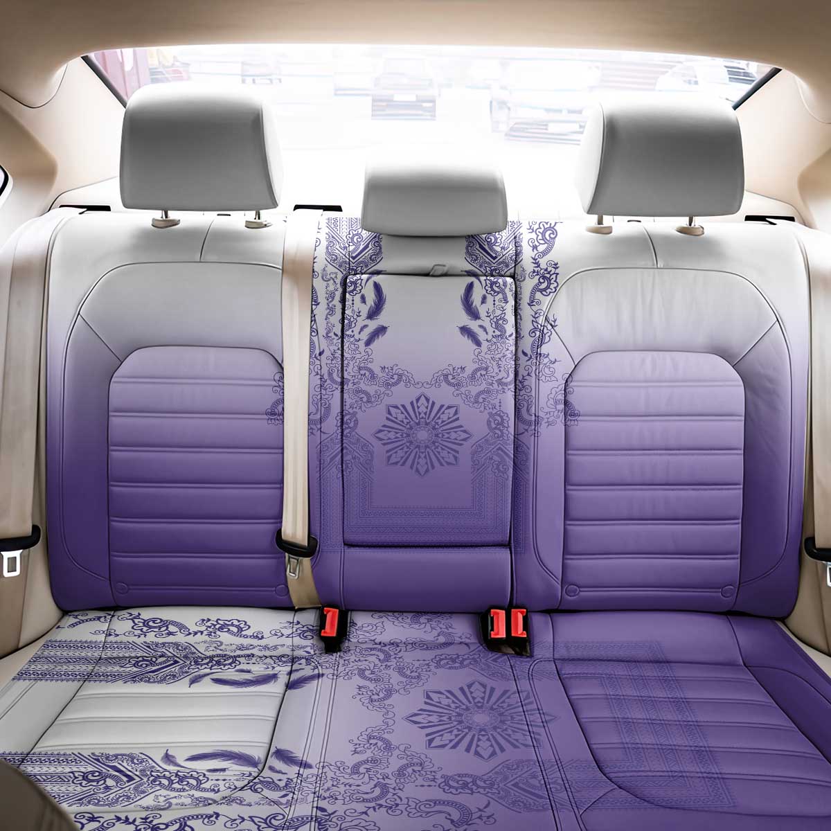 Philippines Barong Style Back Car Seat Cover with Polynesian Art and Leaf Motif Purple Color