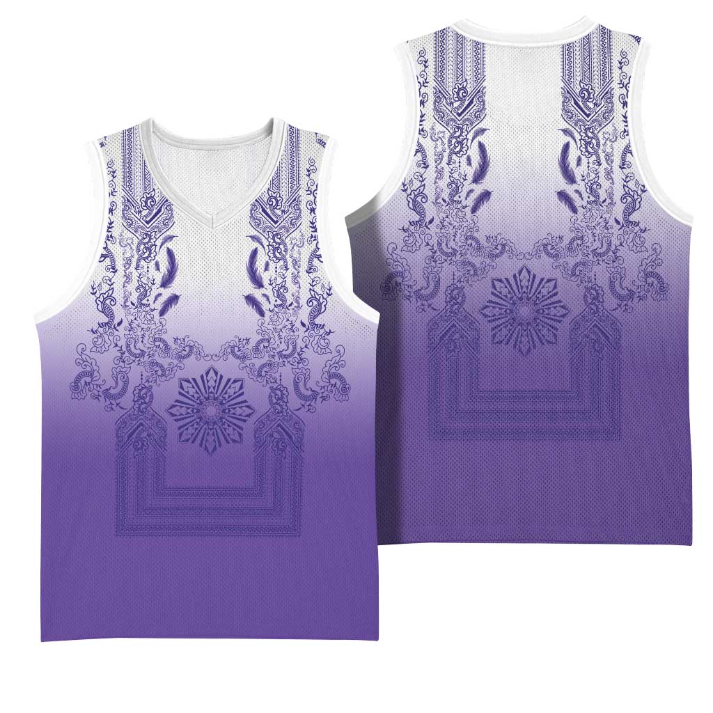 Philippines Barong Style Basketball Jersey with Polynesian Art and Leaf Motif Purple Color