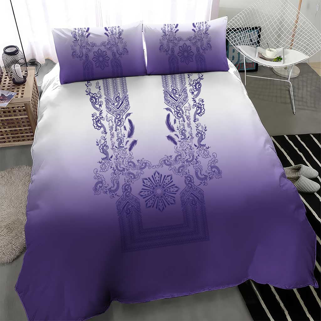 Philippines Barong Style Bedding Set with Polynesian Art and Leaf Motif Purple Color