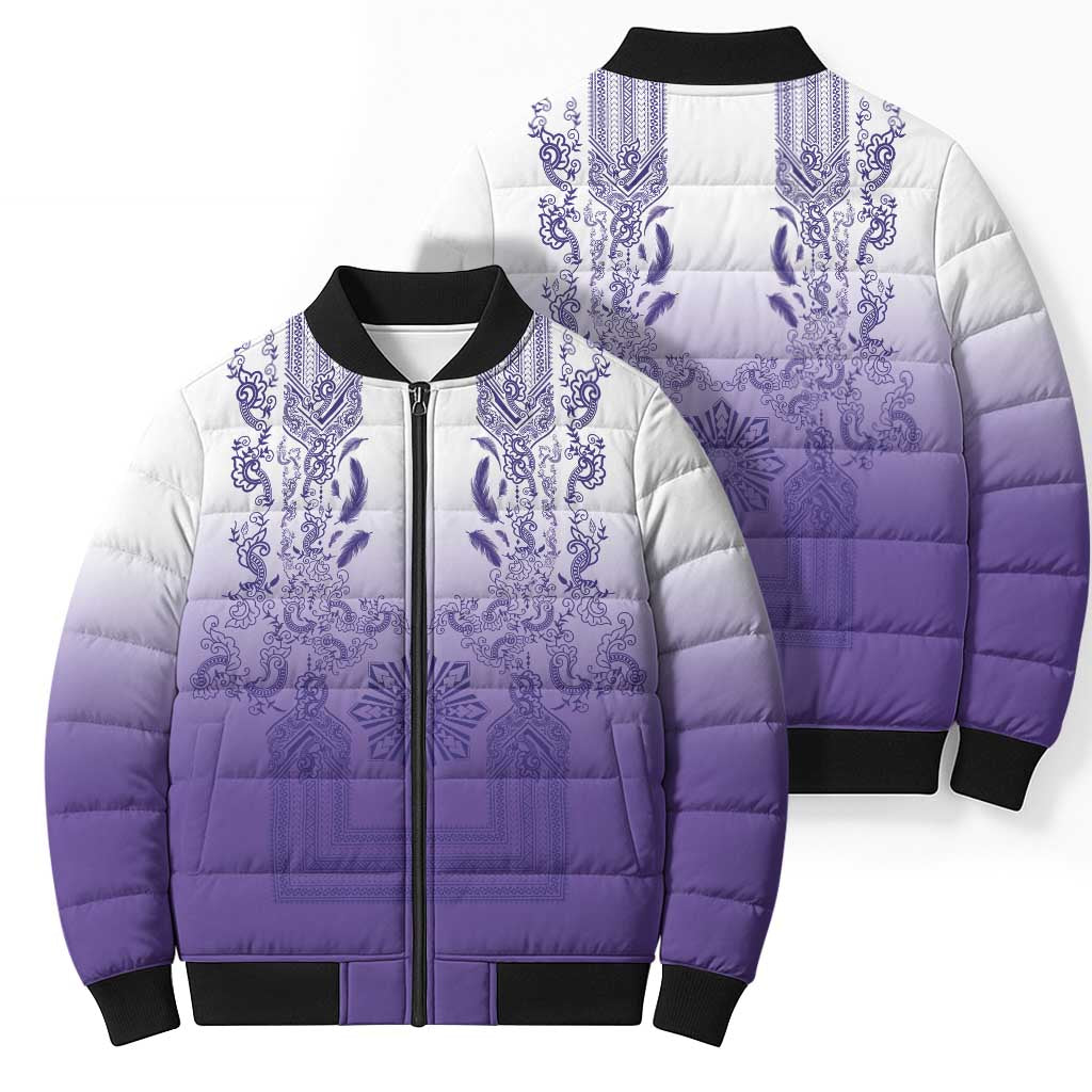 Philippines Barong Style Bomber Puffer Jacket with Polynesian Art and Leaf Motif Purple Color