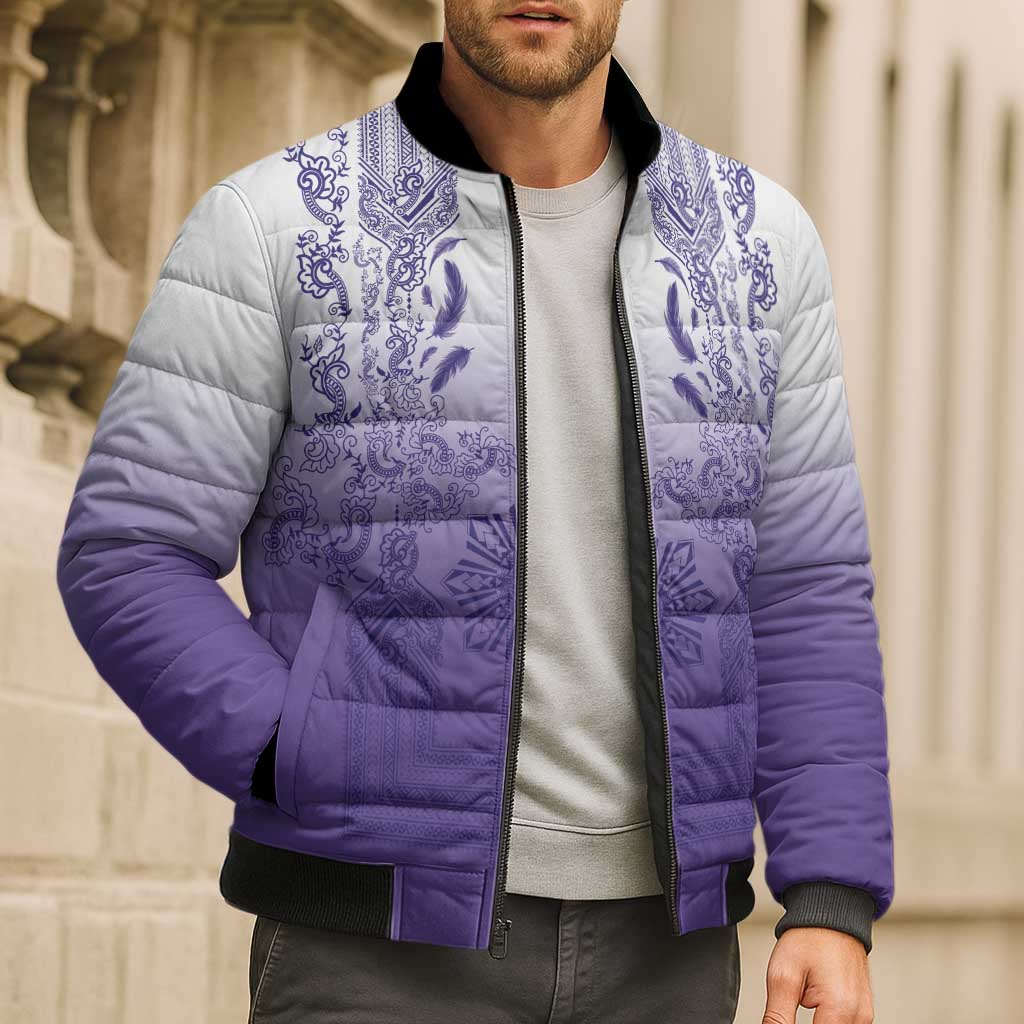 Philippines Barong Style Bomber Puffer Jacket with Polynesian Art and Leaf Motif Purple Color